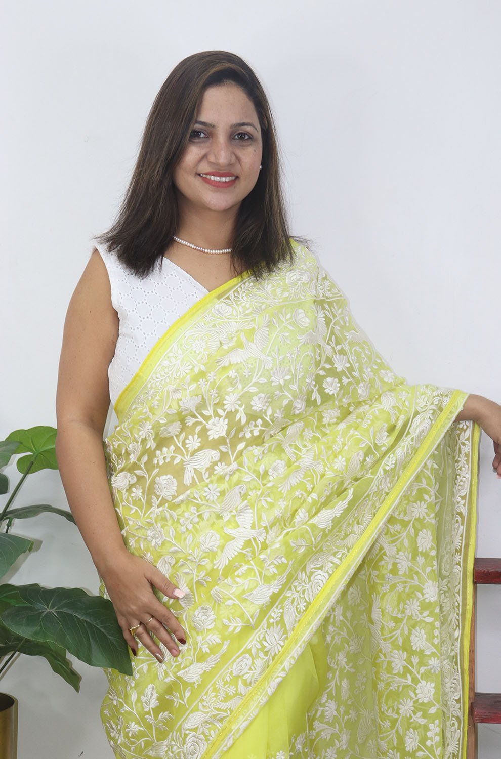 Yellow Embroidered Parsi Gara Organza Bird And Floral Design Saree - Luxurion World