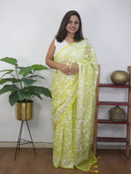 Yellow Embroidered Parsi Gara Organza Bird And Floral Design Saree - Luxurion World