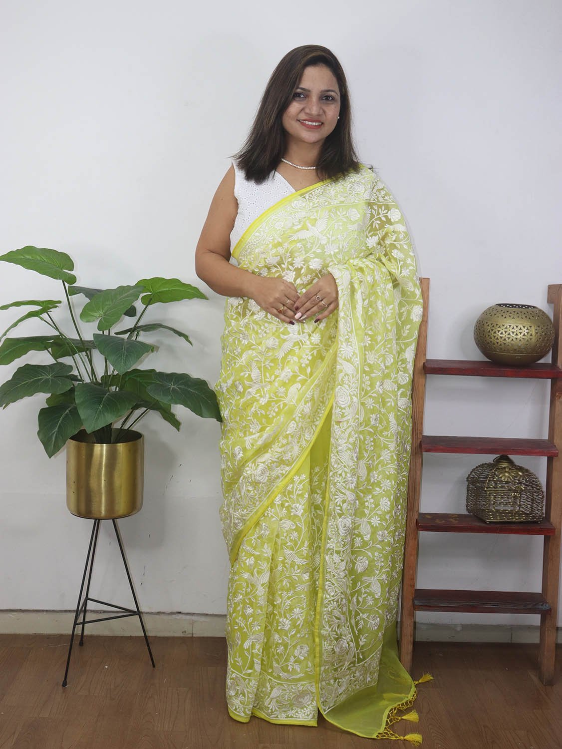 Yellow Embroidered Parsi Gara Organza Bird And Floral Design Saree - Luxurion World