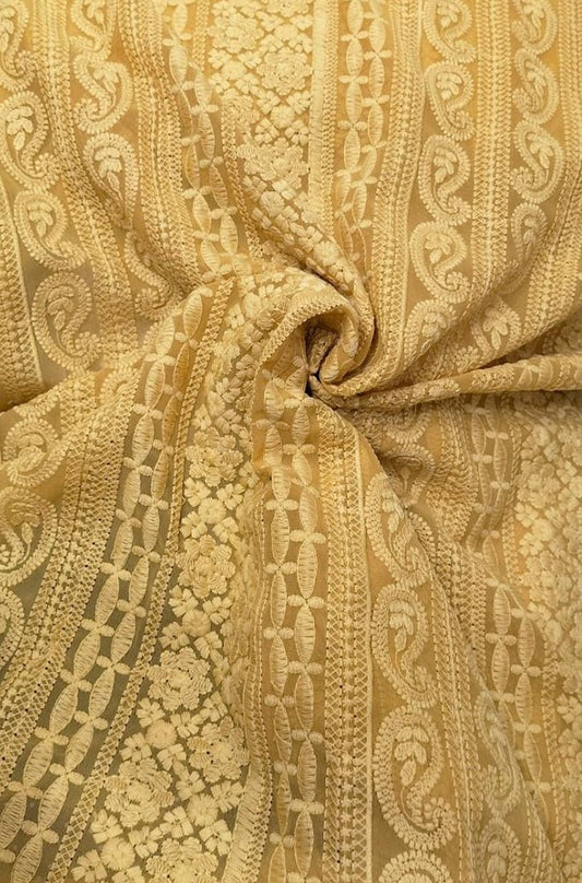 Yellow Embroidered Trendy Chikankari Work Georgette Fabric ( 1 Mtr ) - Luxurion World