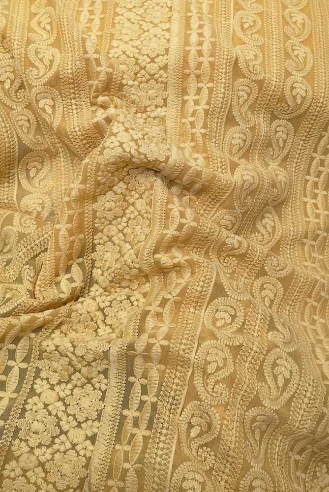 Yellow Embroidered Trendy Chikankari Work Georgette Fabric ( 1 Mtr ) - Luxurion World