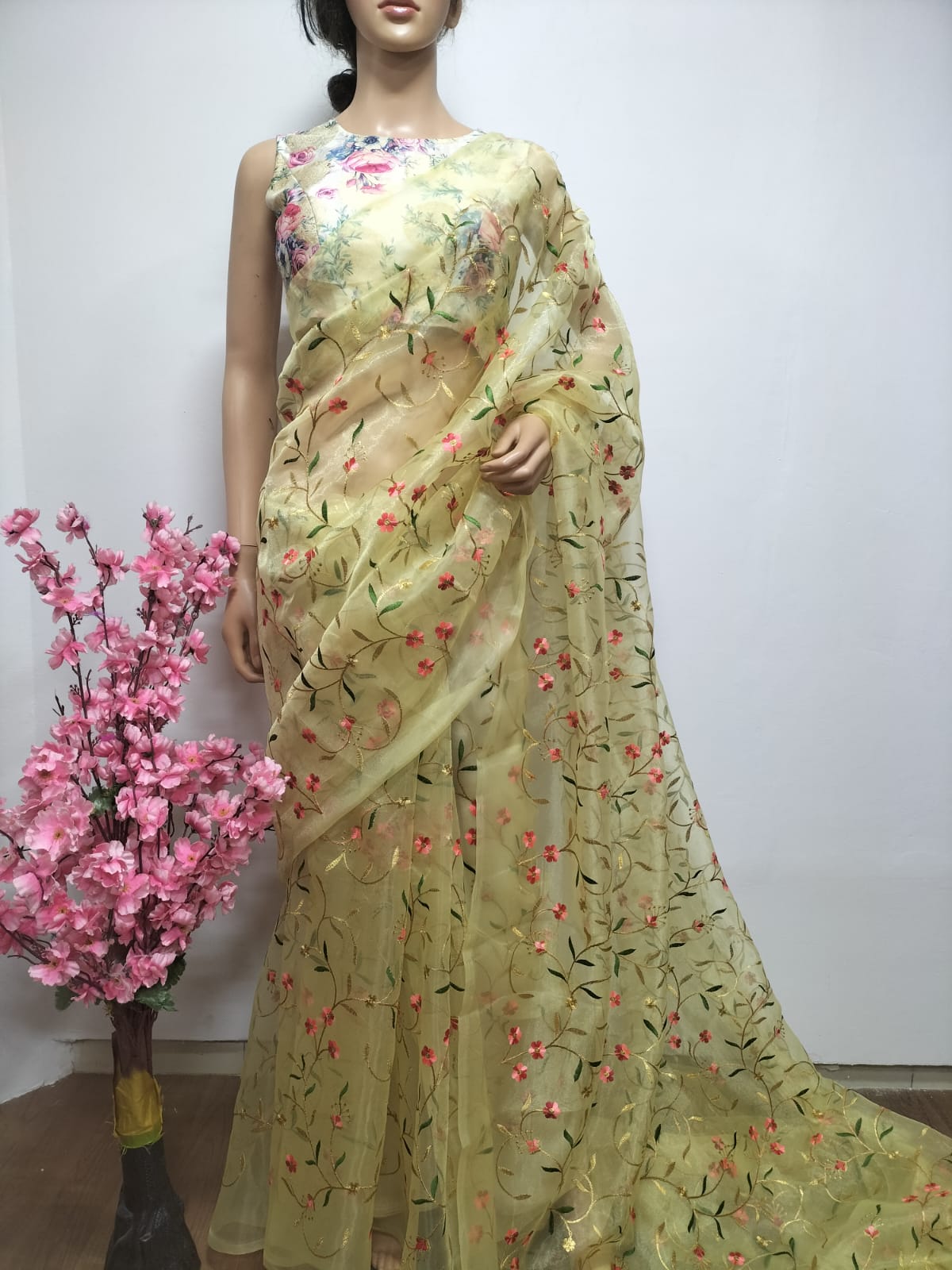 Yellow Embroidered Trendy Organza Silk Floral Design Saree - Luxurion World