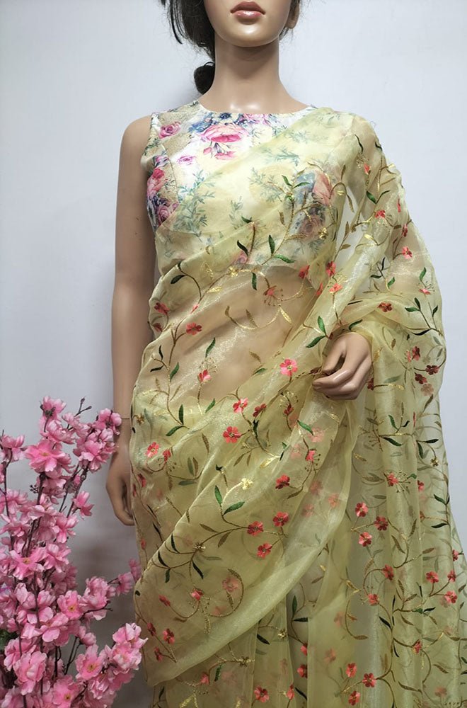 Yellow Embroidered Trendy Organza Silk Floral Design Saree - Luxurion World