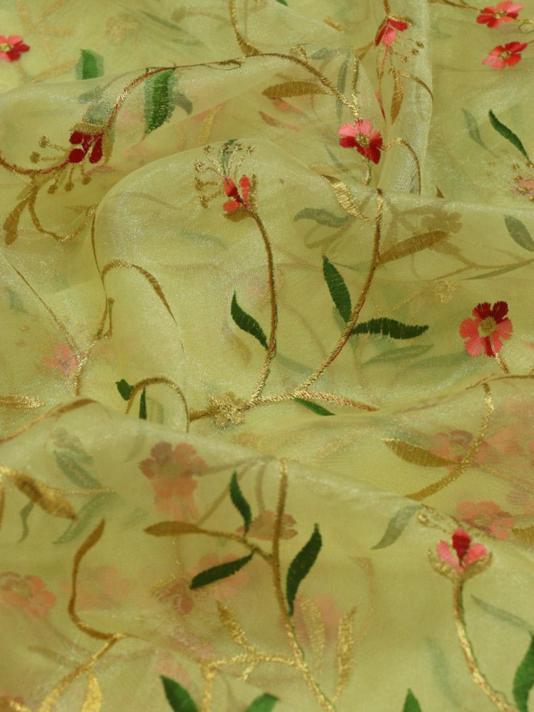 Yellow Embroidered Trendy Organza Silk Floral Design Saree - Luxurion World