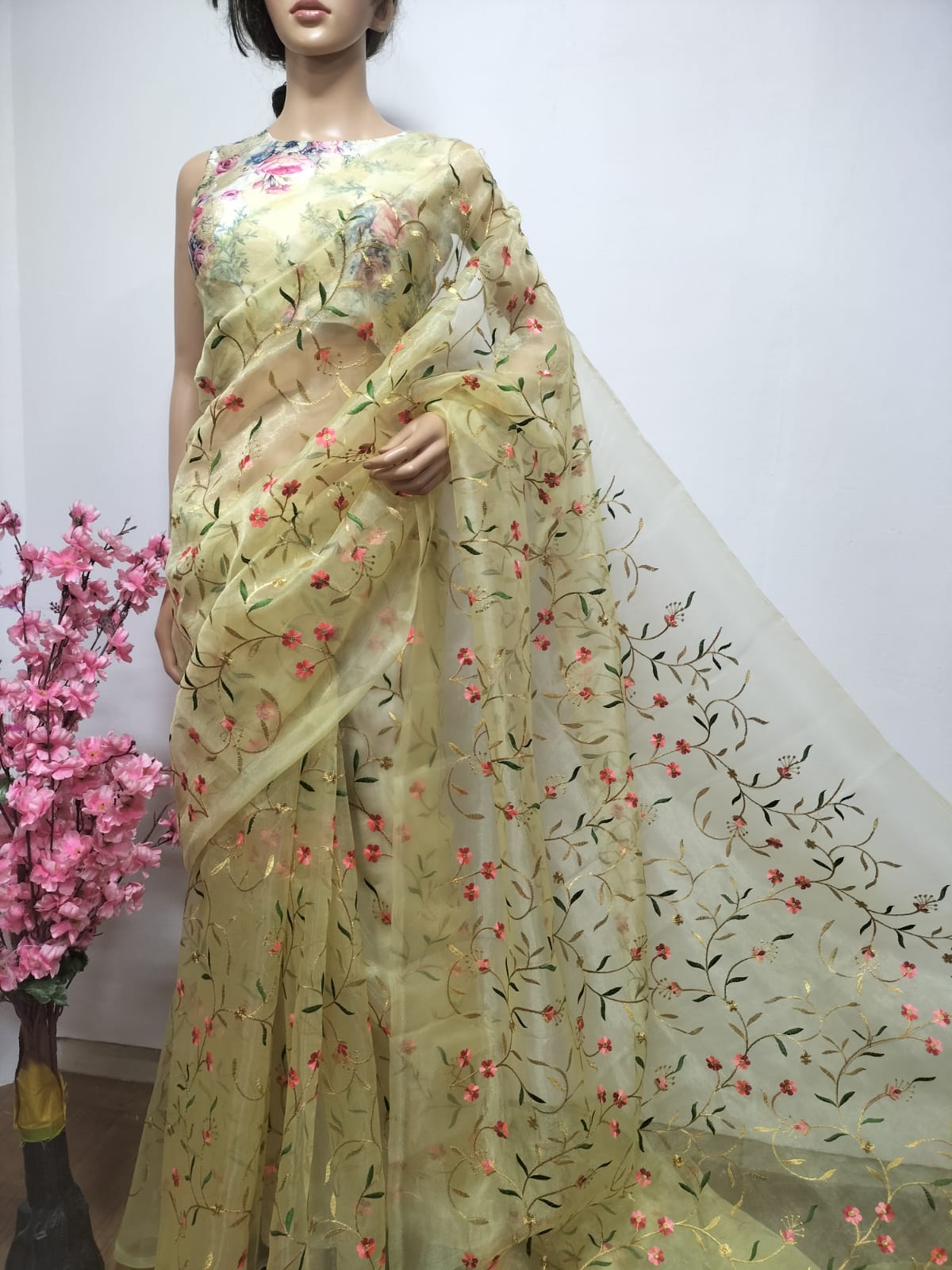 Yellow Embroidered Trendy Organza Silk Floral Design Saree