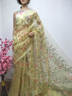 Yellow Embroidered Trendy Organza Silk Floral Design Saree - Luxurion World