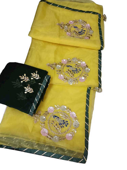 Yellow Gota And Zardozi Work Organza Saree - Luxurion World