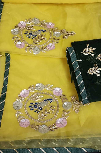 Yellow Gota And Zardozi Work Organza Saree - Luxurion World