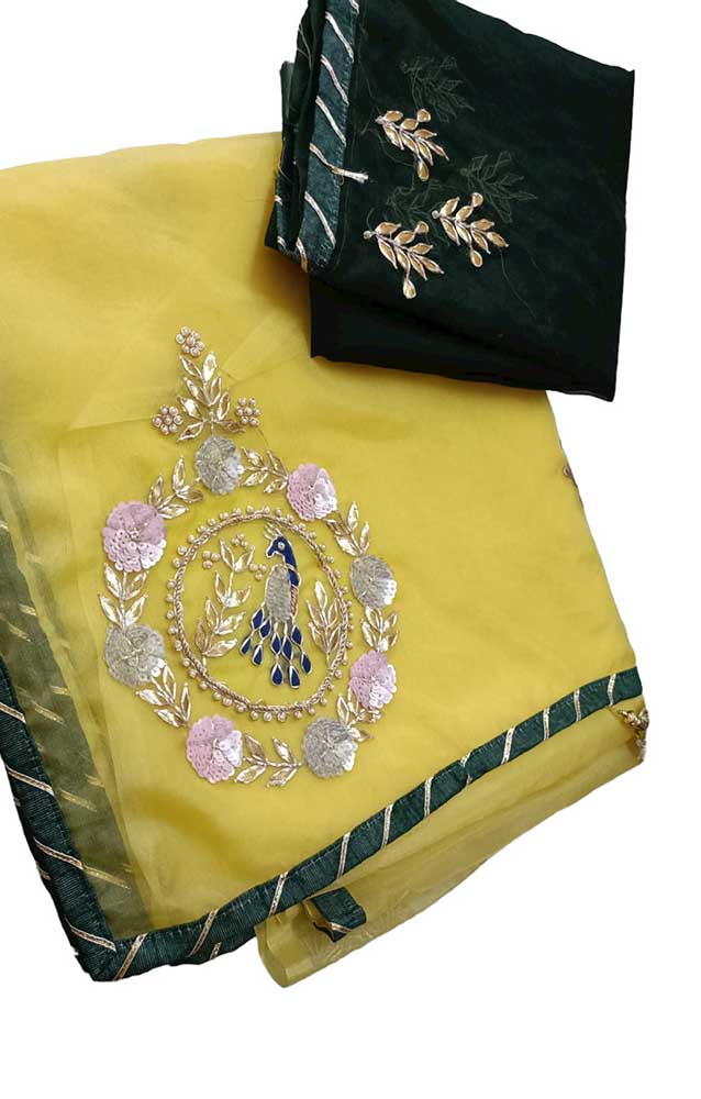 Yellow Gota And Zardozi Work Organza Saree - Luxurion World